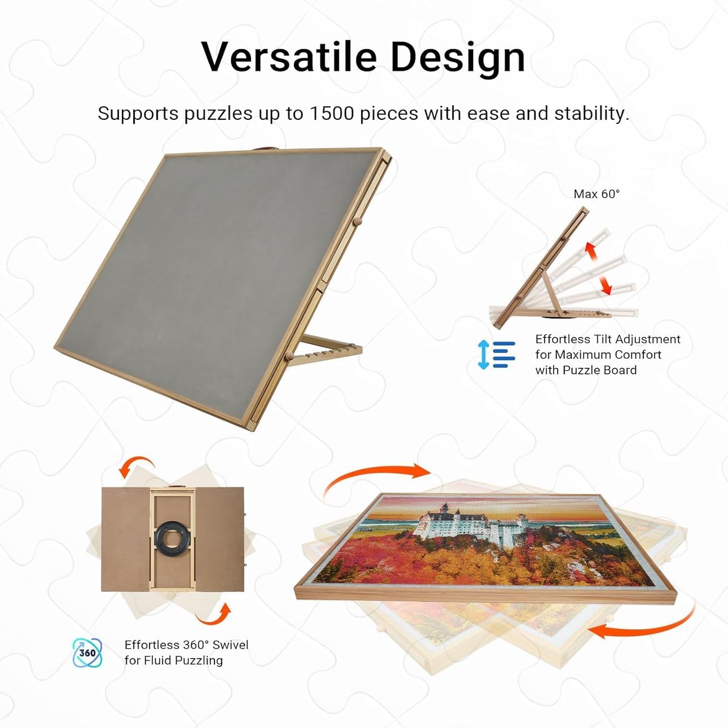 Elegant Wood Grain 2-in-1 Rotating & Tilting Puzzle Board 1500 Pieces, 36"x26" Wooden Board with Drawers, Lazy Susan Base, Cover, Storage Trays & Handle, Gift for Adults & Seniors