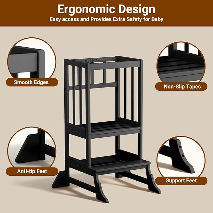 COSYLAND Kitchen Tower for Toddlers with Anti-Tip Support – Lightweight Toddler Kitchen Stool Helper for Bathroom Living Room Dining Room – Solid Bamboo Standing Tower (Black)