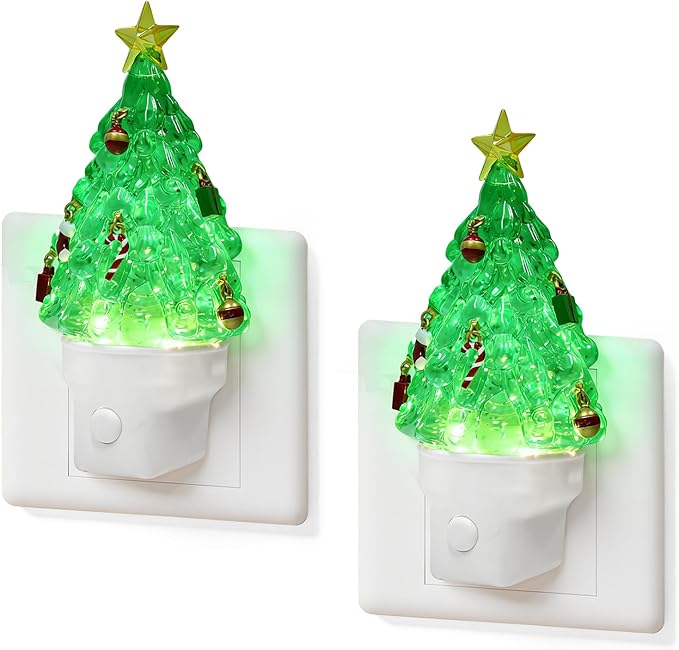 2 Pack Christmas Tree Night Light Plug into Wall Glitter Water Nightlight with USB/Outlet Options, Christmas Tree Decorative Nightlight for Bedroom Kitchen Nursery Holiday Decorations Gifts (Tree)