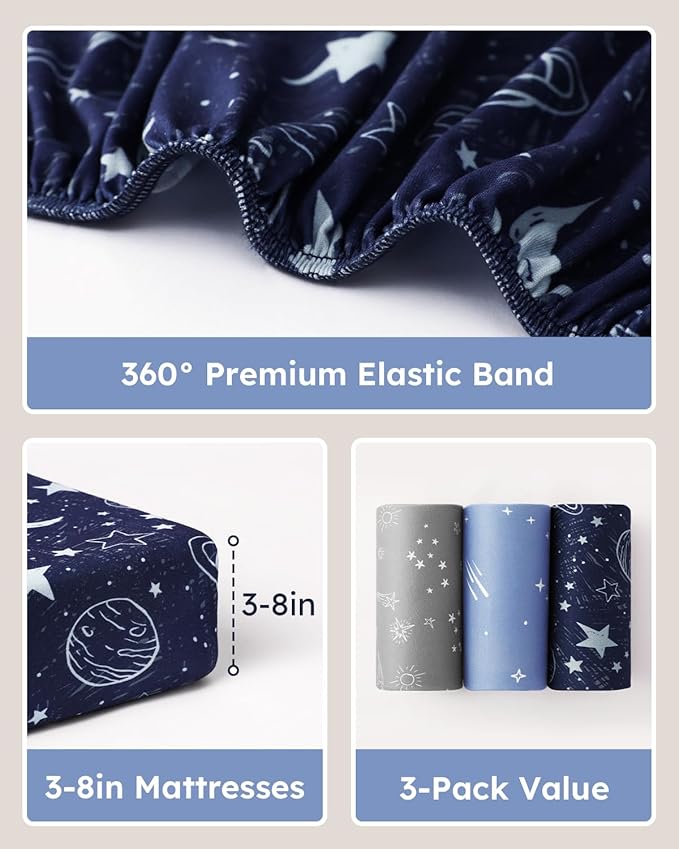 Baby Crib Sheets for Boys Girls, 28x52x8in Fitted Crib Sheet Neutral 3 Pack for Standard Crib and Toddler Mattress, Breathable Soft Microfiber Baby Sheet Blue Gray Planet