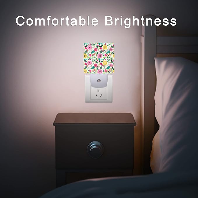 Retro Flowers Night Light,Spring Retro Rustic Flowers Night Lights Plug into Wall with Dusk to Dawn Light Sensors 0.5W Dim Night-Lights for Bedroom