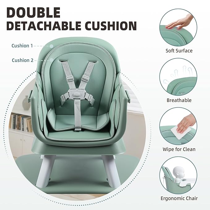 8 in 1 Baby Highchair, Convertible High Chair for Babies and Toddlers, Booster Seat w/5-Point Safety Belt, Toddler Building Block Table, Dishwasher Safe Tray, No Tool Install, Green