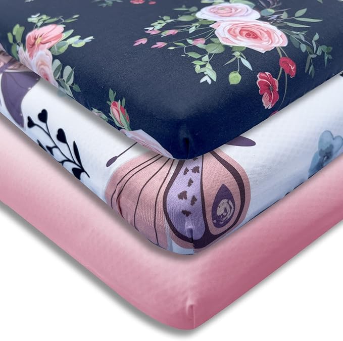 AMROSE 3 Pack Heavenly Soft Mini Crib Sheets, Microfiber Pack N Play Sheets Set for Baby Girls, Silk Touch Gentle, Fitted for Playard Portable Crib Mattress, Floral & Butterfly