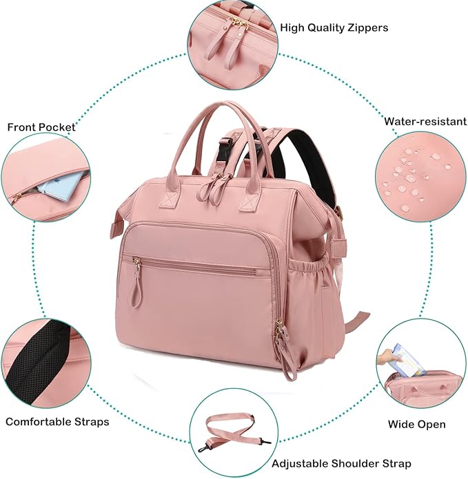 Convertible Diaper Bag Tote, Wide Open Top 14 Pockets Stylish Baby Diaper Bag with Stroller Buckle, Water-resistant (Pink, Large)