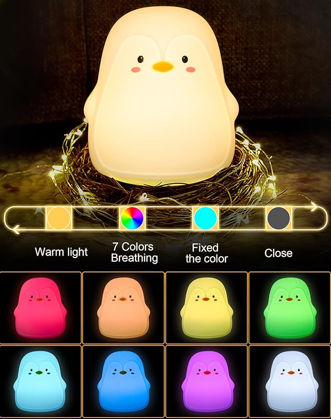 Penguin Night Light, USB Rechargeable Silicone LED Night Light for Kids, Multicolor Cute Nursery Night Lights with Warm White and 7-Color Breathing Mode,Christmas Gift for Kids Baby Children Bedrooms