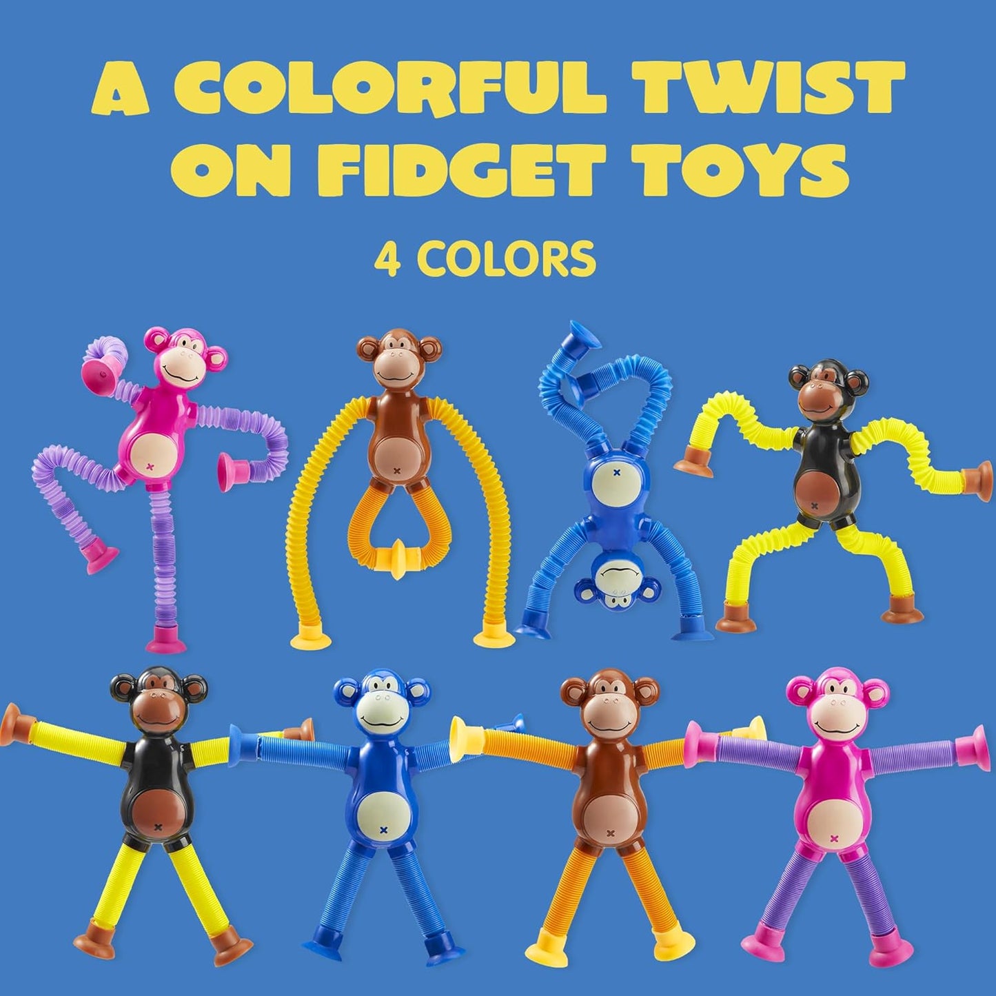 JOYIN Pop Tubes Monkey Toys for Kids, 4 Pcs Sensory Toys for Year Old Ages 3 4 5 6 7 8 9 10 Fidget Toys Birthday Gift for Toddler Boys Girls Adults Travel Toys Stocking Stuffers Party Favors