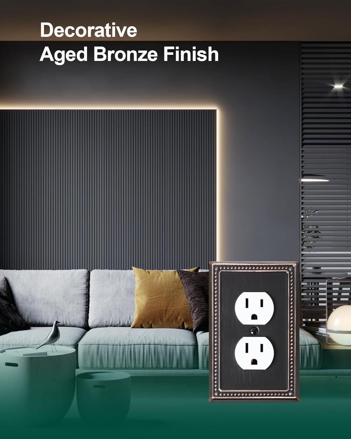 6-Pack Duplex Outlet Cover Plate, Aged Bronze Metal Wall Plates for Electrical Outlets, 1 Gang Receptacle Light Switch Cover, Pearls Decorative Switch Plates and Outlet Covers