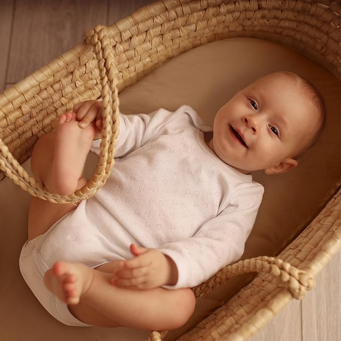 Gllquen Baby Bassinet Sheets 2 Pack, 100% Organic Cotton Bassinet Fitted Sheets for Girls Boys, Soft & Breathable Unisex Baby Mattress Sheet for Standard Bassinets 33"x17"(Khaki)