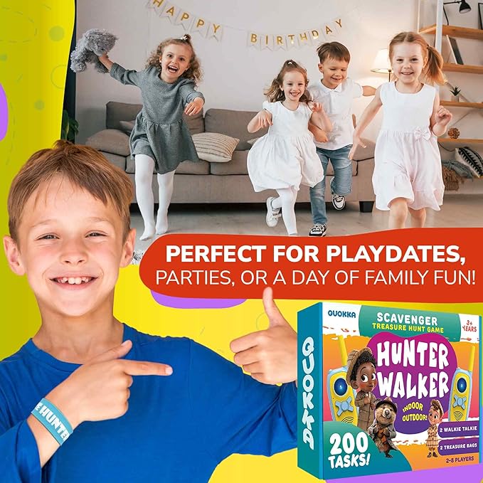 QUOKKA Scavenger Hunt for Kids Ages 4-8 - Treasure Hunting Outdoor Games for Kids 8-12 - 2 Walkie Talkies 2 Bags - 200 Outdoor & Indoor Cards - 3 Bracelets