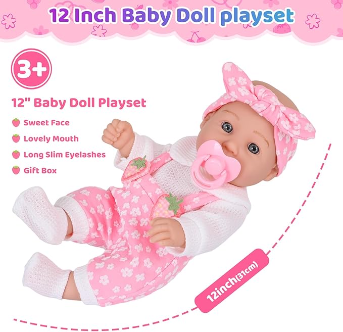 DONTNO 12" Baby Doll with Backpack Carrier in Gift Box,12 Inch Realistic Baby Dolls with Clothes and Accessories,Toy Pretend Play Collection for 3+ Child Girls Gifts