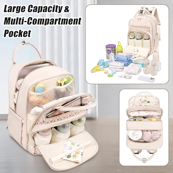 Diaper Bag Backpack,Stylish Baby Diaper Bag,Waterproof Travel Diaper Backpacks Baby Bags with Changing Pad,Stroller Straps,Insulated Pockets (Beige)