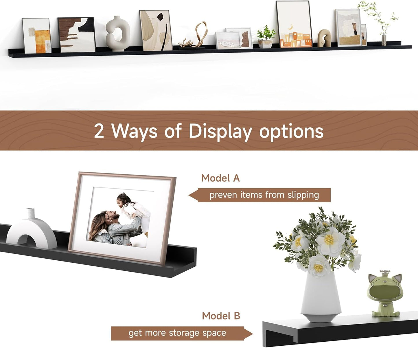 Floating Picture Ledge Shelves for Wall Set of 2, 95 Inches Picture Ledge Shelf with Long Large Nursery Book Shelf for Toys Storage Kids Bookshelf Wall Mounted Living Room Bedroom Decor Frames, Black