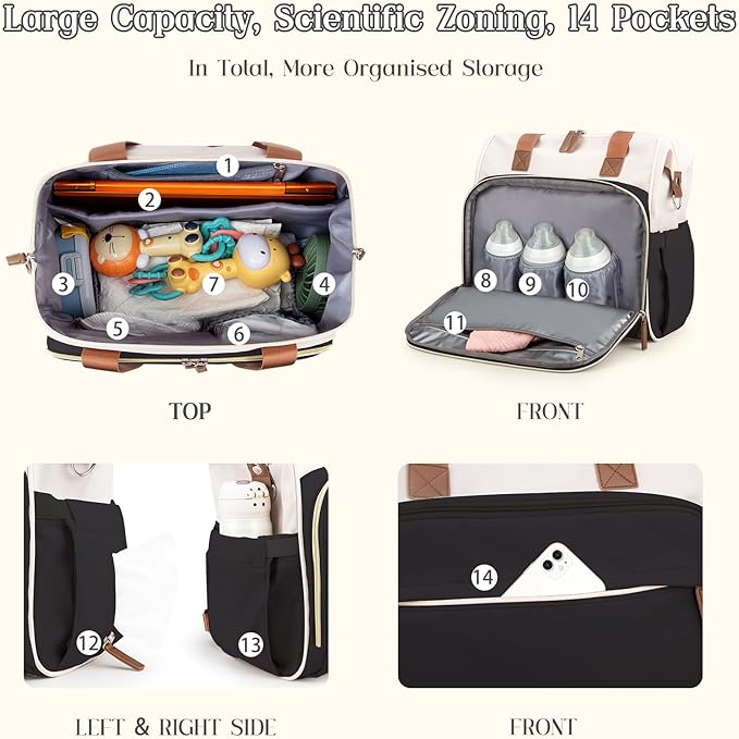 Diaper Bag Backpack, Mommy Travel Diaper Bag Tote with Shoulder Strap, Hospital Bag, Weekender Baby Bag for Mom