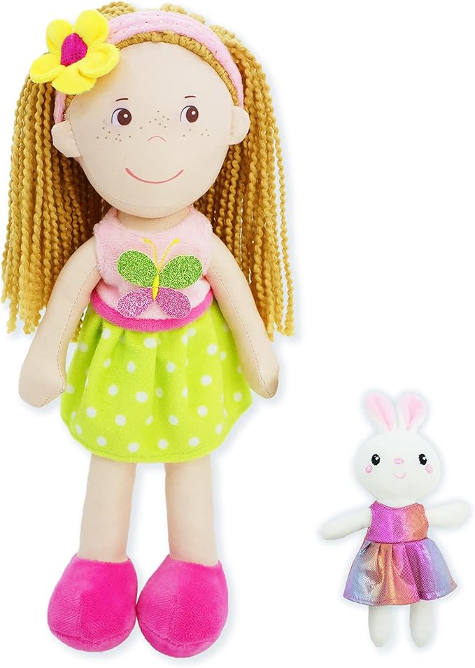 June Garden 14" Playmate Buddies - Plush Doll Aubrey with Her Stuffed Animal Companion Bunny Trixy