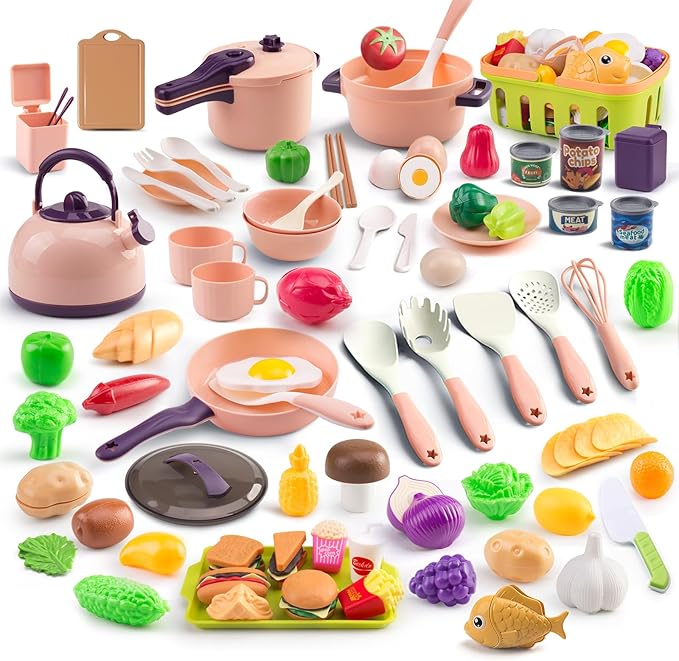 118Pcs Mini Play Kitchen Accessories for Kids, Pretend Cooking Playset with Cookware, Tableware & 2 Fruit Sets, Learning Gift for Girls, Boys, Toddlers, Pink