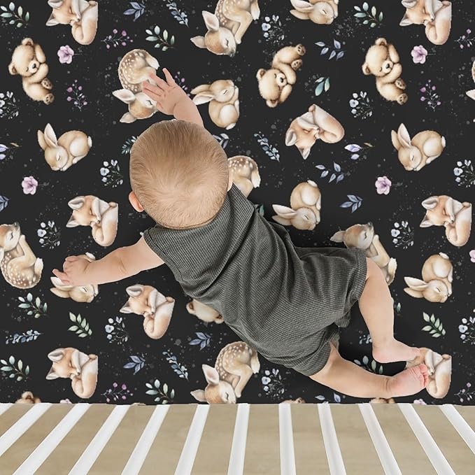 Sleeping Spring Animals Baby Crib Sheets Boy Girl 28"x52" Bear Deer Bunny Floral Leaves Soft Snug Fitted Crib Mattress Cover Cute Animals Baby Sheet for Standard Crib & Toddler Mattress