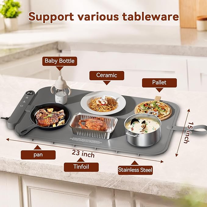 Upgrade Graphene Food Warming Mat for Countertop- Full Surface Heating, Waterproof Electric Warming Tray with 6 Temp Modes & 6H Timer for Parties, Gifts for Mom (Gray)