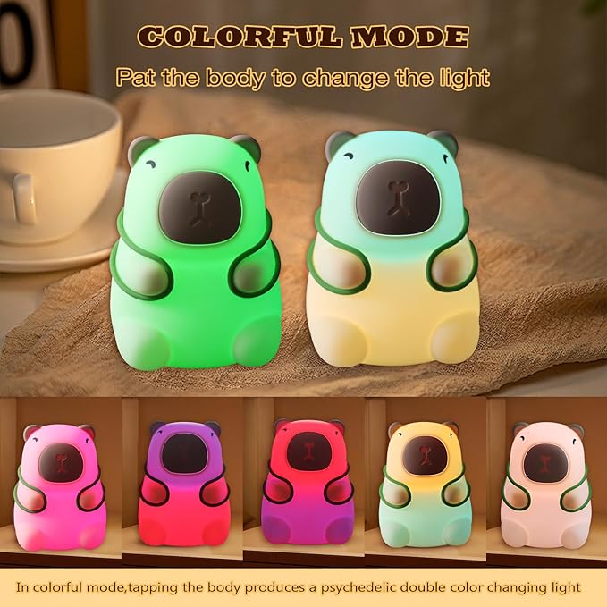 Capybara Night Light for Kids - Adjustable 3 Brightness Levels & 7 RGB Colors, Squishy Animal Decor & Portable Charging Touch Lamp