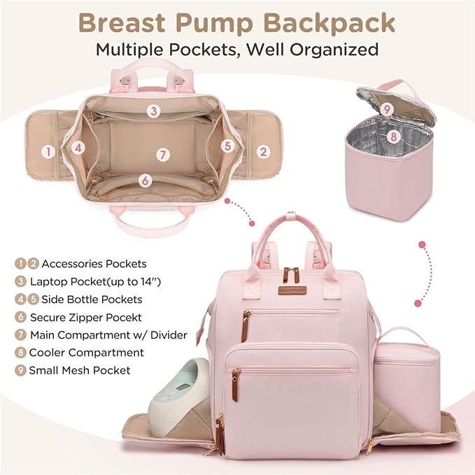 Breast Pump Bag for Spectra & Work with 14 inch Laptop Sleeve - Convertible Large Diaper Bag Backpack with Cooler Storage for Travel, Pink