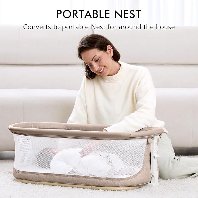 ANGELBLISS 3 in 1 Baby Bassinet, Rocking Bassinets Bedside Sleeper with Calming Motion, Portable Nest for Newborn Infant, Breathable Mesh (Khaki)