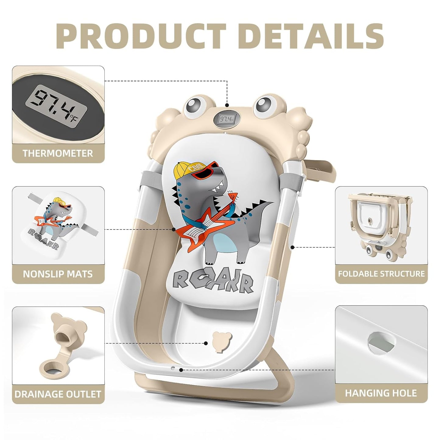 Collapsible Baby Bathtub for Infants to Toddler with Real-time Temp Monitor+Floating Cushion,Foldable Baby Bath Tub Set Applicable 0-36 Month,Portable Travel Baby Tub for Newborns Boy (Beige)