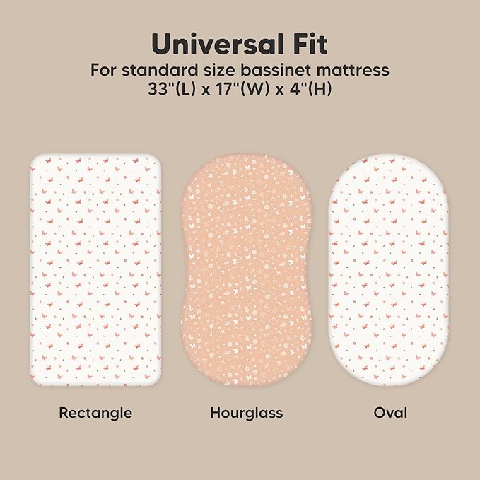 2-Pack Organic Bassinet Sheets for Girls, Boys - 100% Cotton Bassinet Mattress Sheets Compatible with Halo Bassinest Swivel Sleeper, Graco, Baby Delight, Chicco, Fitted Bassinet Sheets (Butterflies)