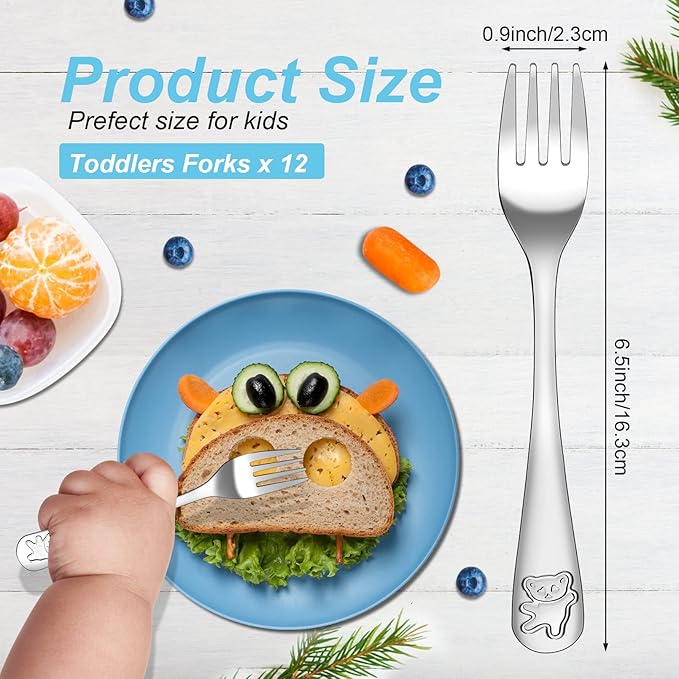 24 Piece Toddler Forks,Stainless Steel Kids Forks,Kids Silverware,Kid Utensil Set,6.5 inch Kids Dinner Fork Toddler Utensils,Metal Baby Fork for Self Feeding,Dishwasher Safe