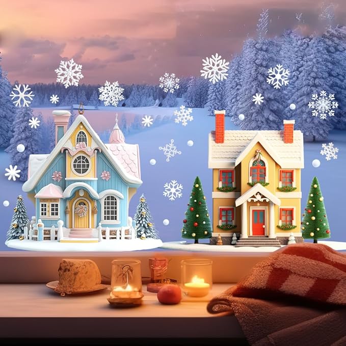 Fun Christmas Window Decor Set - Small House ＆ Snowflake Pattern Design Sided Printed Electrostatic Stickers - Removable, Safe for Home, Office, School Indoor Outside Use Shop Window Decoration