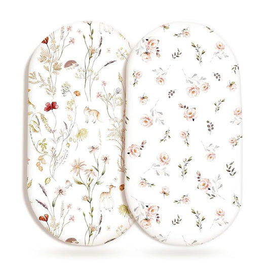 GRSSDER Ultra Soft Bassinet Sheets 2 Pack, Stretchy Breathable Knit Bassinet Mattress Sheets for Baby, Universal Fitted Baby Cradle Moses Basket Oval Rectangle Pads Safe and Snug, Stylish Flora