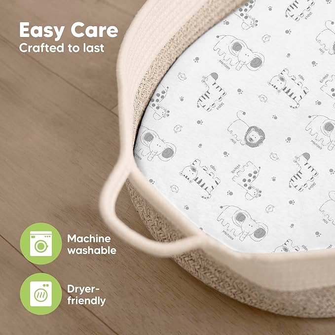 2-Pack Organic Bassinet Sheets for Girls, Boys - 100% Cotton Bassinet Mattress Sheets Compatible with Halo Bassinest Swivel Sleeper, Graco, Baby Delight, Chicco, Fitted Bassinet Sheets (KeaSafari)