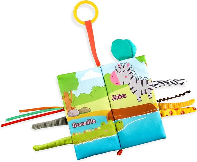 Jungle Tails Baby Activity Book, 3D Touch and Feel Crinkle Cloth Books, Montessori Activity Book for Fine Motor Skills