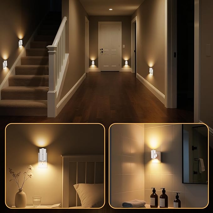 4 Pack LED Night Light, Dimmable Plug-in Wall Nite Light with Dusk to Dawn Auto On/Off, 180° Rotating Head, 2700K Warm White, 0-200 LM for Nursery, Hallway, Bathroom