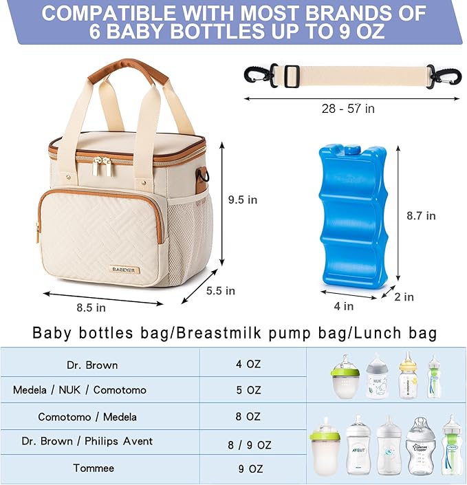Breastmilk Cooler Bag with Ice Pack Fits 6 Baby Bottles up to 9 Ounce, Breast Milk Pump Cooler Bag for Nursing Mom Daycare, Work, Travel-Cream
