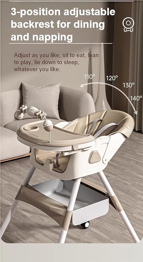 Nine point nine PU Leather High Chairs with Rocking Mode, High Chair for Babies and Toddlers, Adjustable and Easy to Fold Highchair, Highchairs with Double Tray (Khaki)
