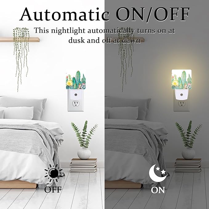 Cactus and Succulents Night Light Plug into Wall, Watercolor Botanical Floral Dusk to Dawn Night Light Plug in,0.5w Energy Saving Sleep Friendly NightLight for Kids Boys Girls Home Decor