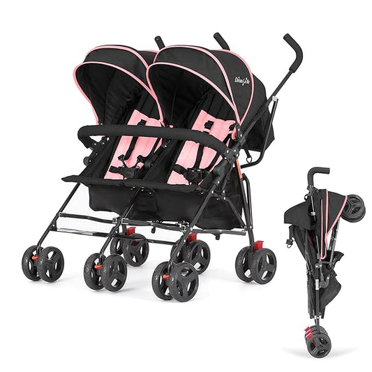 Dream On Me Volgo Twin Umbrella Stroller in Pink, Lightweight Double Stroller for Infant & Toddler, Compact Easy Fold, Large Storage Basket, Large and Adjustable Canopy