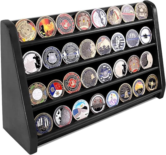 4 Rows Wooden Military Challenge Coin Display Case Wall Mount - Army Coin Collectibles Holder Display Stand Rack, Black