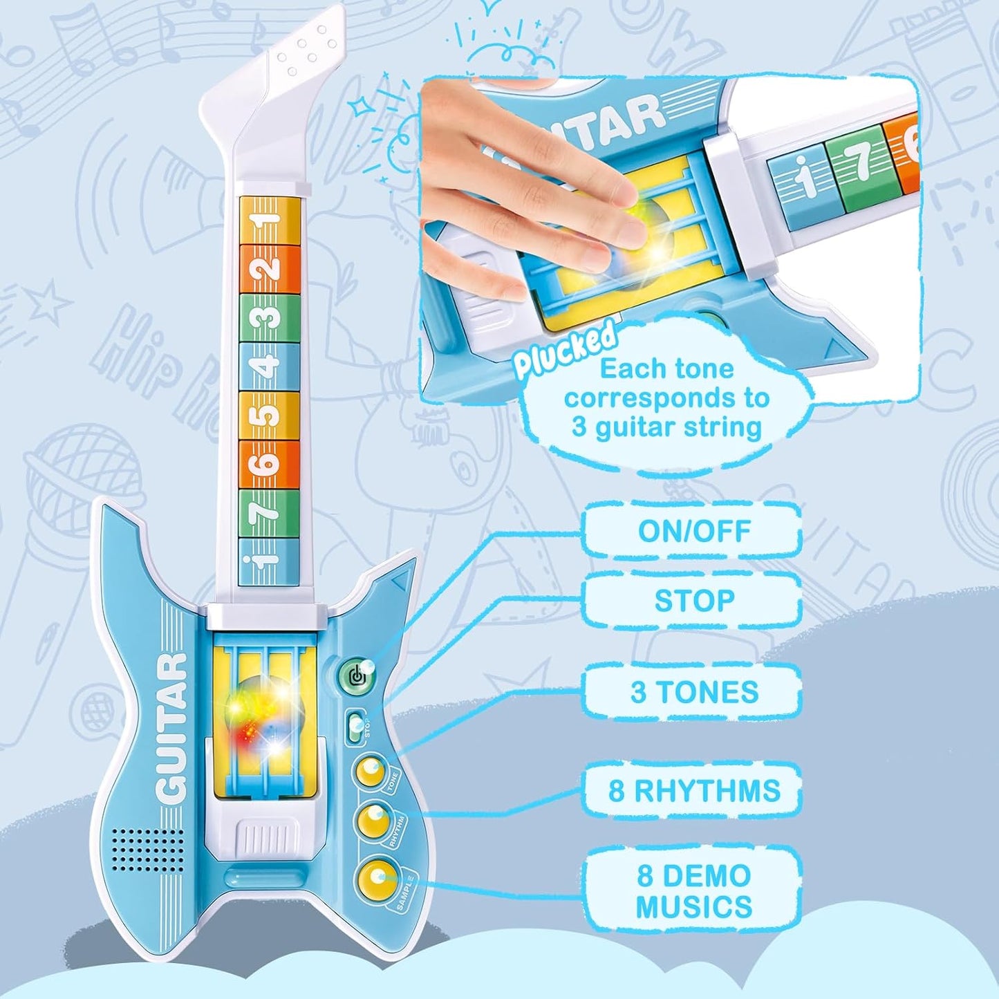 deAO Kids Guitar and Microphone Set with Stand Adjustable Height Music Light Karaoke Music Toys Christmas Birthday Gift for Kids Boys Girls (Blue)