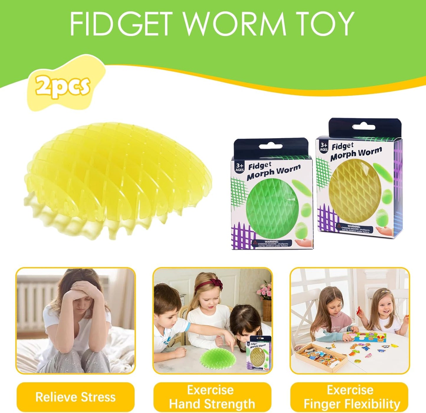 Fidget Worm Toy 2 Pack, Sensory Slug Fidget Toy, Funny Pocket Fidget Toy, Resistance Fidget Toy Anxiety & Stress Relief Toys, EDC Executive Desk Toys (Powerful Luminous 2pcs)