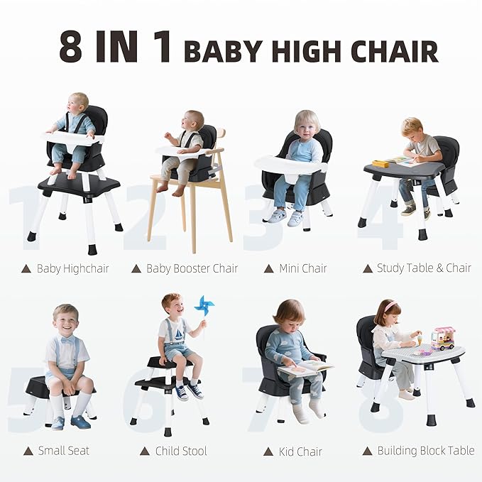 8 in 1 Baby Highchair, Convertible High Chair for Babies and Toddlers, Booster Seat w/5-Point Safety Belt, Toddler Building Block Table, Dishwasher Safe Tray, No Tool Install, Black