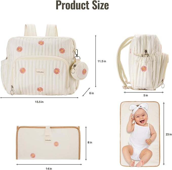 Diaper Bag Backpack, Medium Maternity baby bag & Changing Pad, Insulated Pockets, Stroller Straps & Pacifier Case (Medium - Beige Flowers)