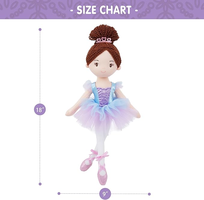June Garden 16” Ballerina Doll Bella – Soft Plush Dance Recital Gift for Girls – Stuffed Ballet Doll with Purple Tutu and Tiara – Perfect for Toddlers and Little Dancers