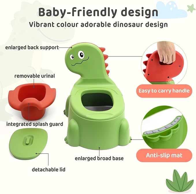 Potty Seat Baby Training Chair Boys Girls Toddler Dinosaur Comfortable children 1-5 years old Baby toilet Animal seat with lid back potty trainer (Green)