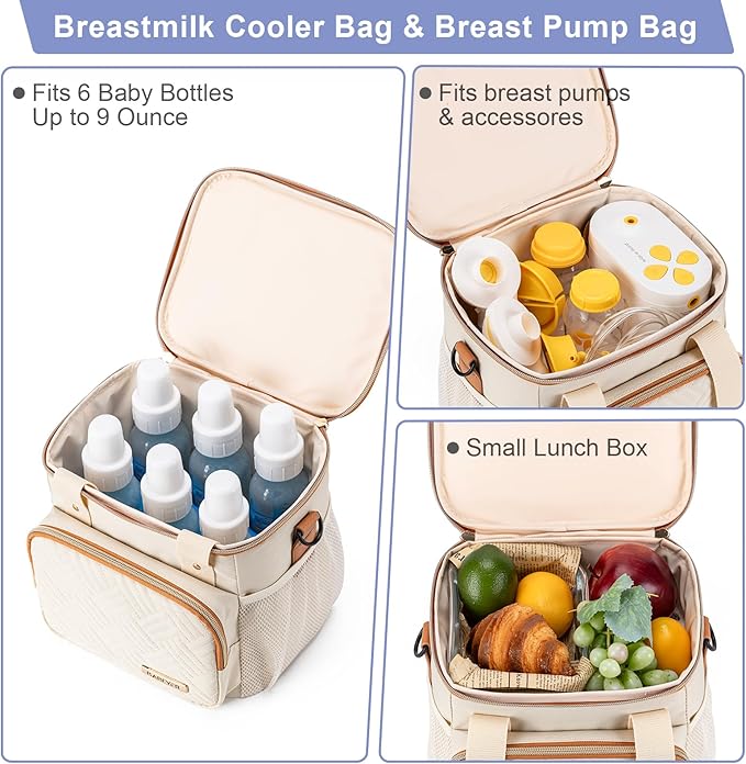 Breastmilk Cooler Bag with Ice Pack Fits 6 Baby Bottles up to 9 Ounce, Breast Milk Pump Cooler Bag for Nursing Mom Daycare, Work, Travel-Cream