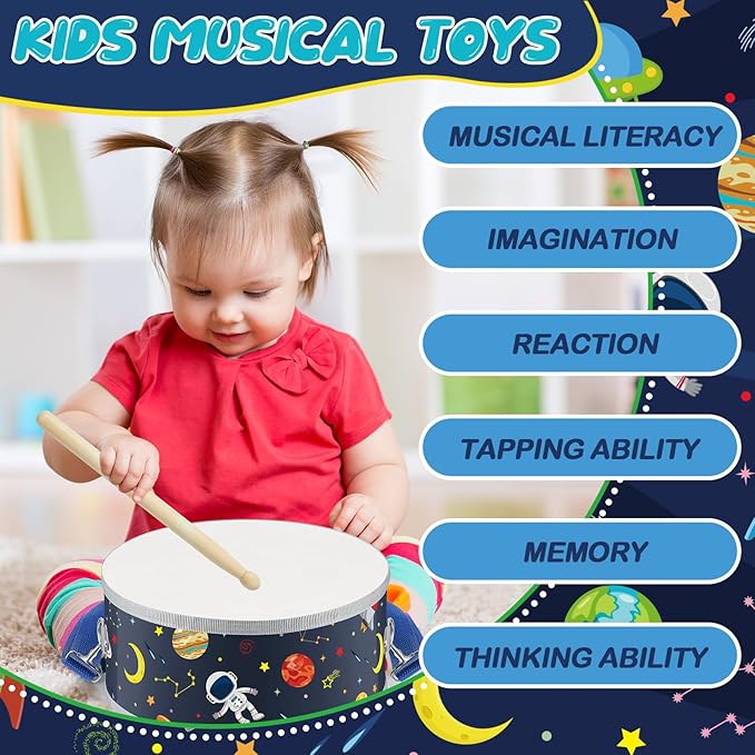Boao 1 PC Kids Drum Set, 8 Inch Toddler Drum Wooden Toy with Adjustable Strap and 2 Drumsticks, Educational Sensory Musical Instrument for Toddlers Kid Baby Boys Girls Gift(Space)