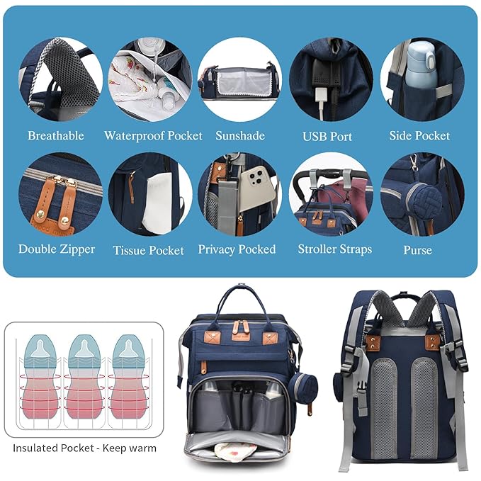 Jeryswet Baby Diaper Bags with Changing Station, Waterproof Large Capacity Diaper Bag Backpack for Moms Dads with USB Charging Port and Stroller Straps, Baby Shower Gifts, Blue