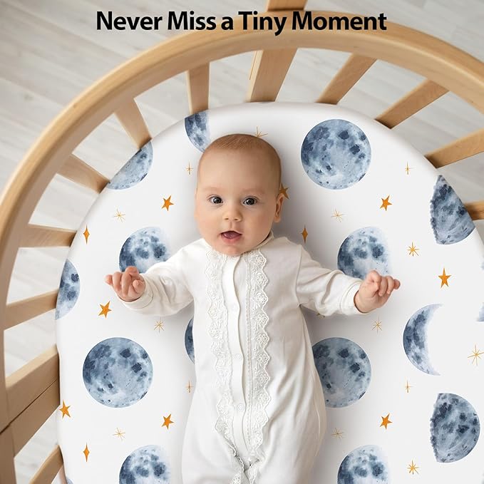 Baby Bassinet Sheets Girl Boy, Fitted Bassinet Sheet Set 3 Pack Bassinet Mattress Sheets Universal Fit for Rectangle, Round, Oval, Hourglass Mattress, Soft Breathable Grey & Blue Moon