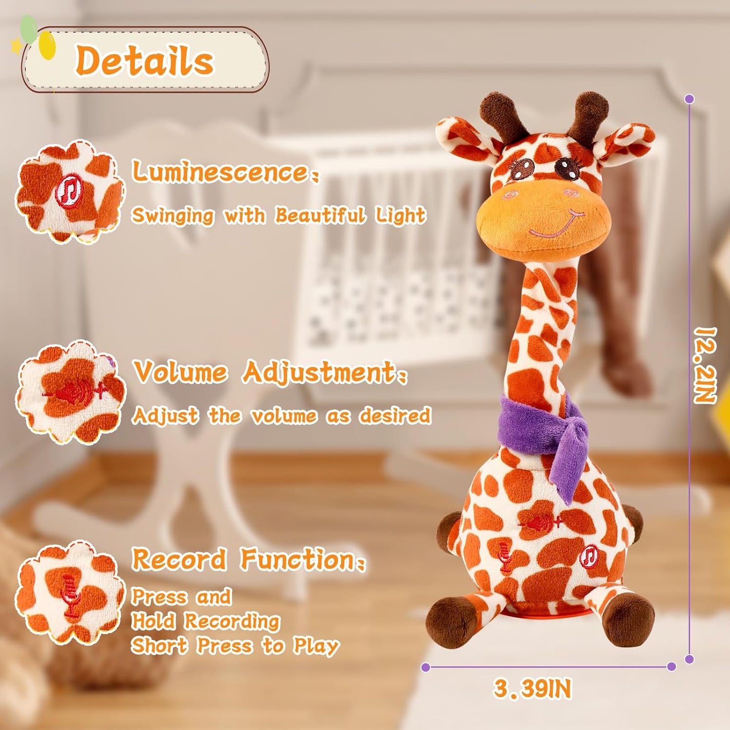 Dancing Talking Giraffe Toy, Stuffed Animal Toy Repeating What You Say, Glowing Musical Electronic Giraffe Gifts