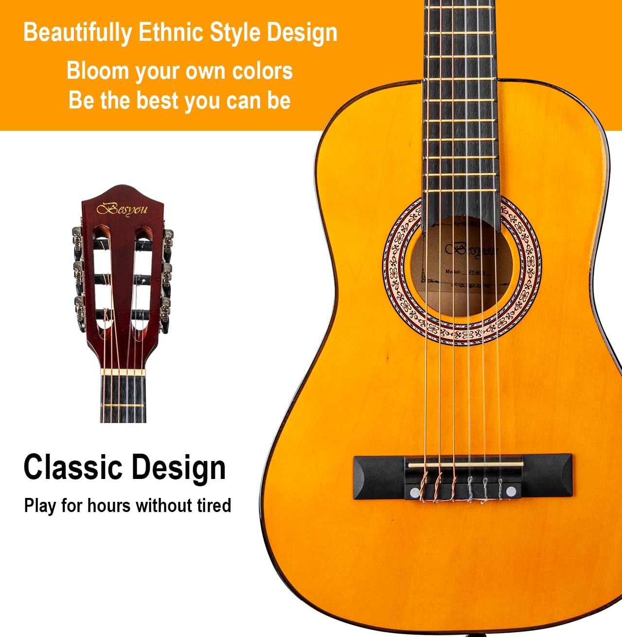 30in Beginner Kids Acoustic Guitar Basic Starter Kit Tuner Capo Strings Winders Strap Picks Student Youth Toddler Guitar Pickguard with Gig Bag Orange