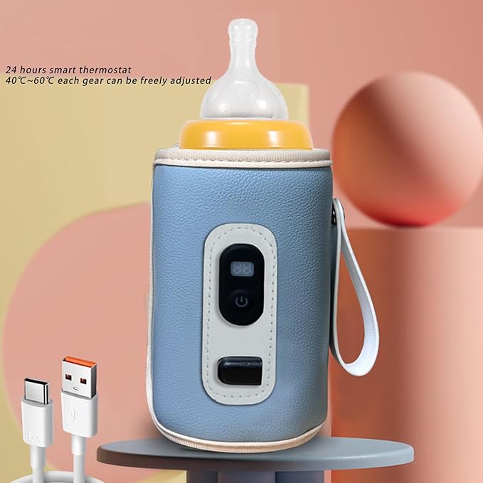 Portable Bottle Warmer, Portable Bottle Warmer For Travel USB 21 Speeds Temperature Adjustable Bottle Warmer with LED Display For Drinks, Coffee, Water, Milk (Blue)
